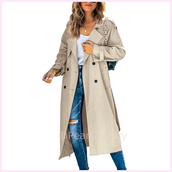 Jackets & Blazers - Double Breasted Long Trench Coat Windproof Lapel Slim Overcoat with Belt